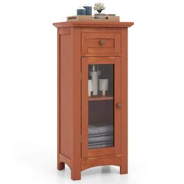 Costway - Bathroom Floor Cabinet with Single Glass Door Drawer & Adjustable Shelf - Brown