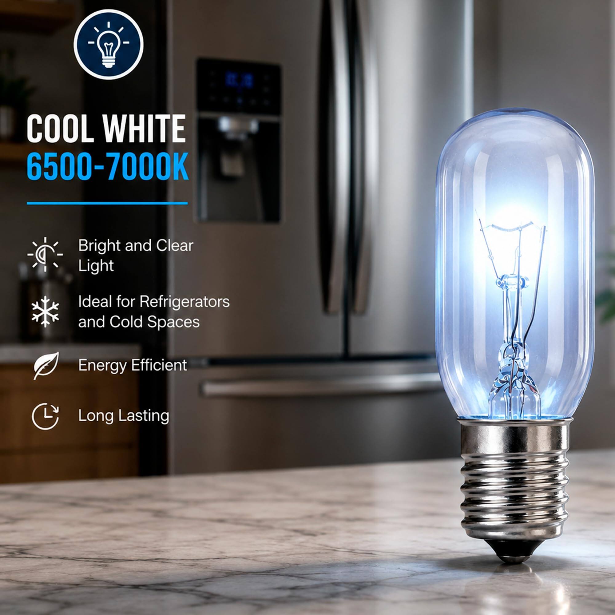 COOL WHITE 6500-7000K  
Bright and Clear Light  
Ideal for Refrigerators and Cold Spaces  
Energy Efficient  
Long Lasting