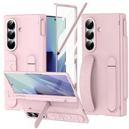 Dteck - Full-Body Stand Case for Samsung Galaxy Z Fold7 with Pen Holder,Matte PC Hinge Cover Bulit-in Tempered Glass Film - Pink