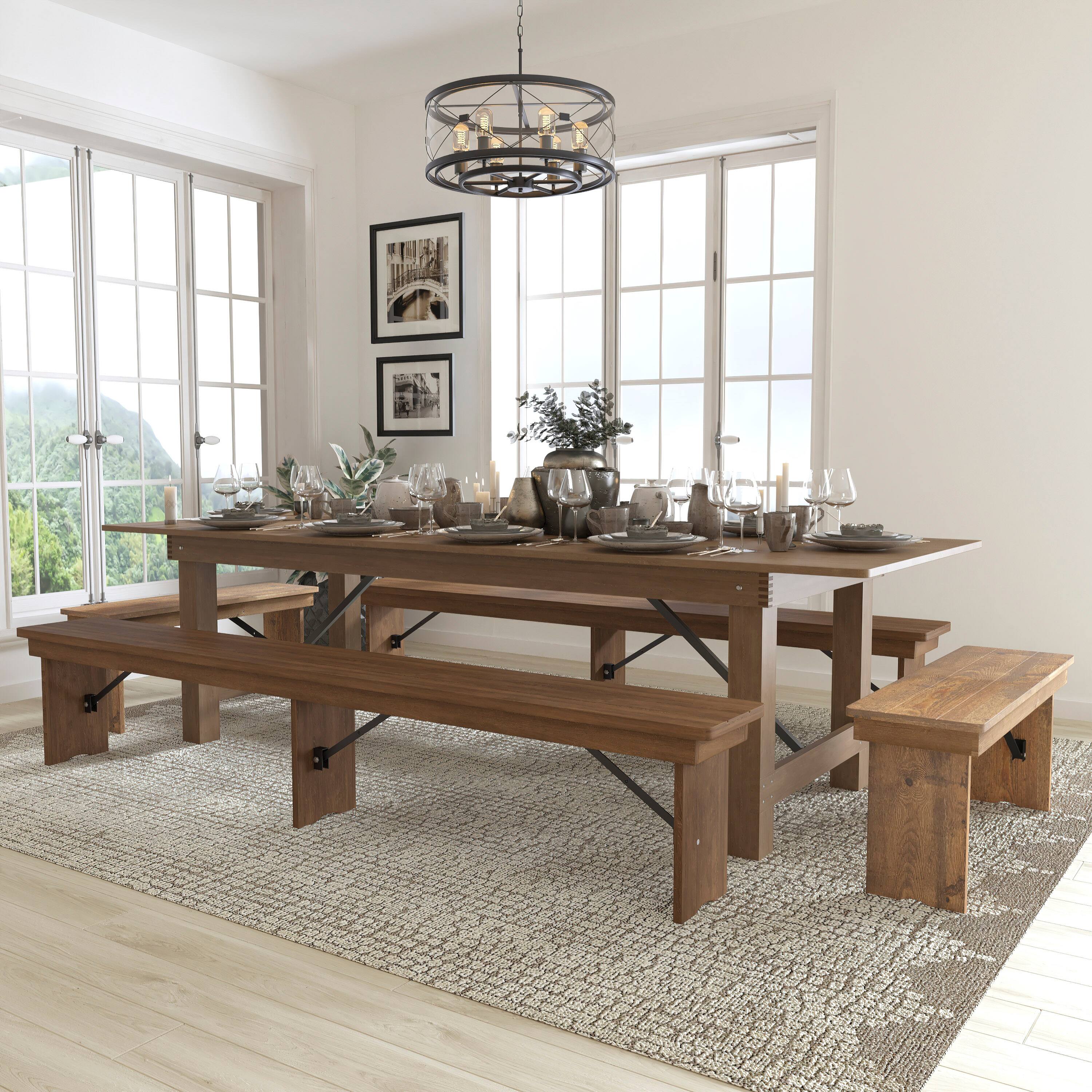 Angle. Flash Furniture - HERCULES Series 9' x 40'' Antique Rustic Folding Farm Table and Four Bench Set - Brown.