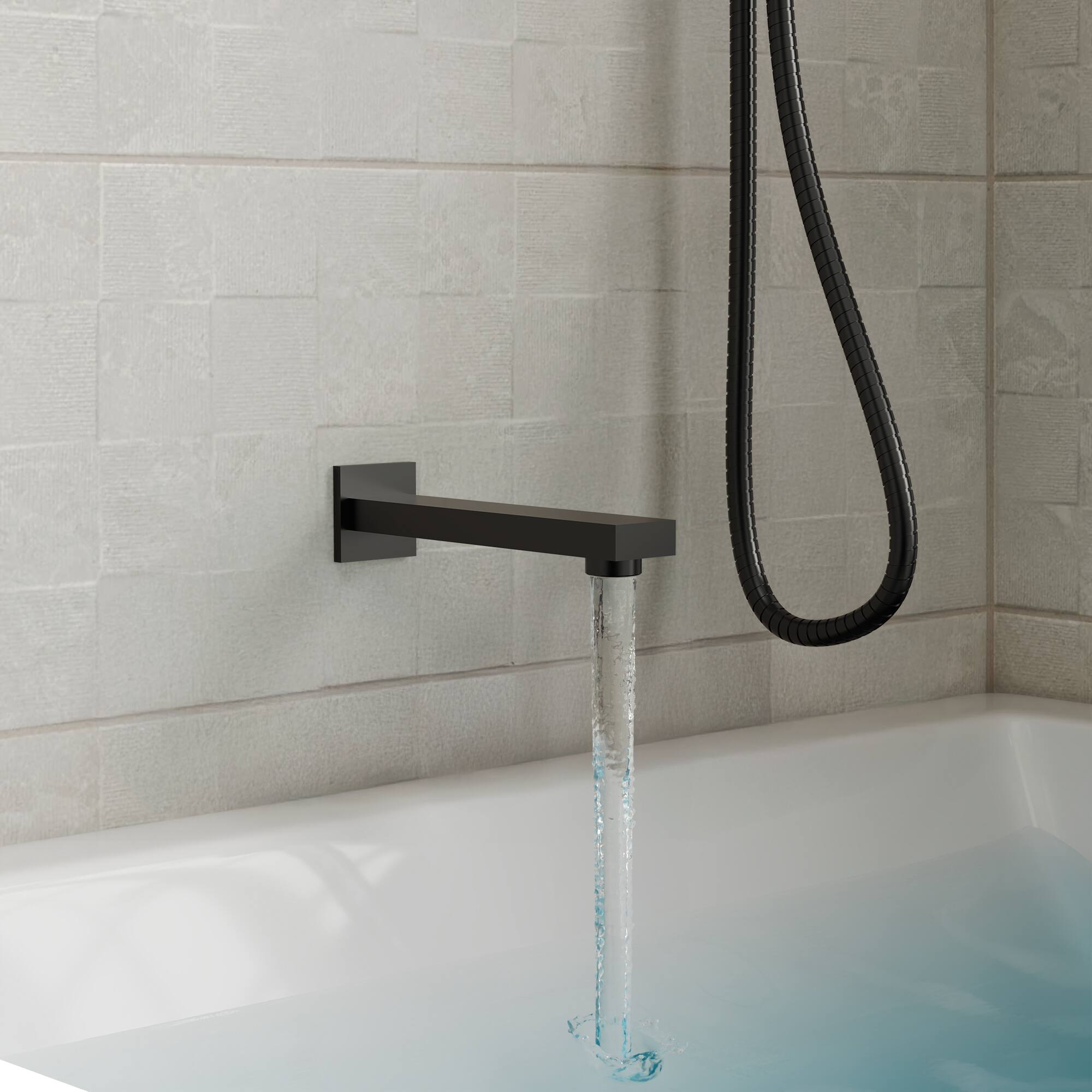 Back. GRANDJOY - Wall Mounted 3‑Function Shower System Set with 10" Rain Shower Head, Handheld Shower and Diverter Tub Spout - Matte Black.