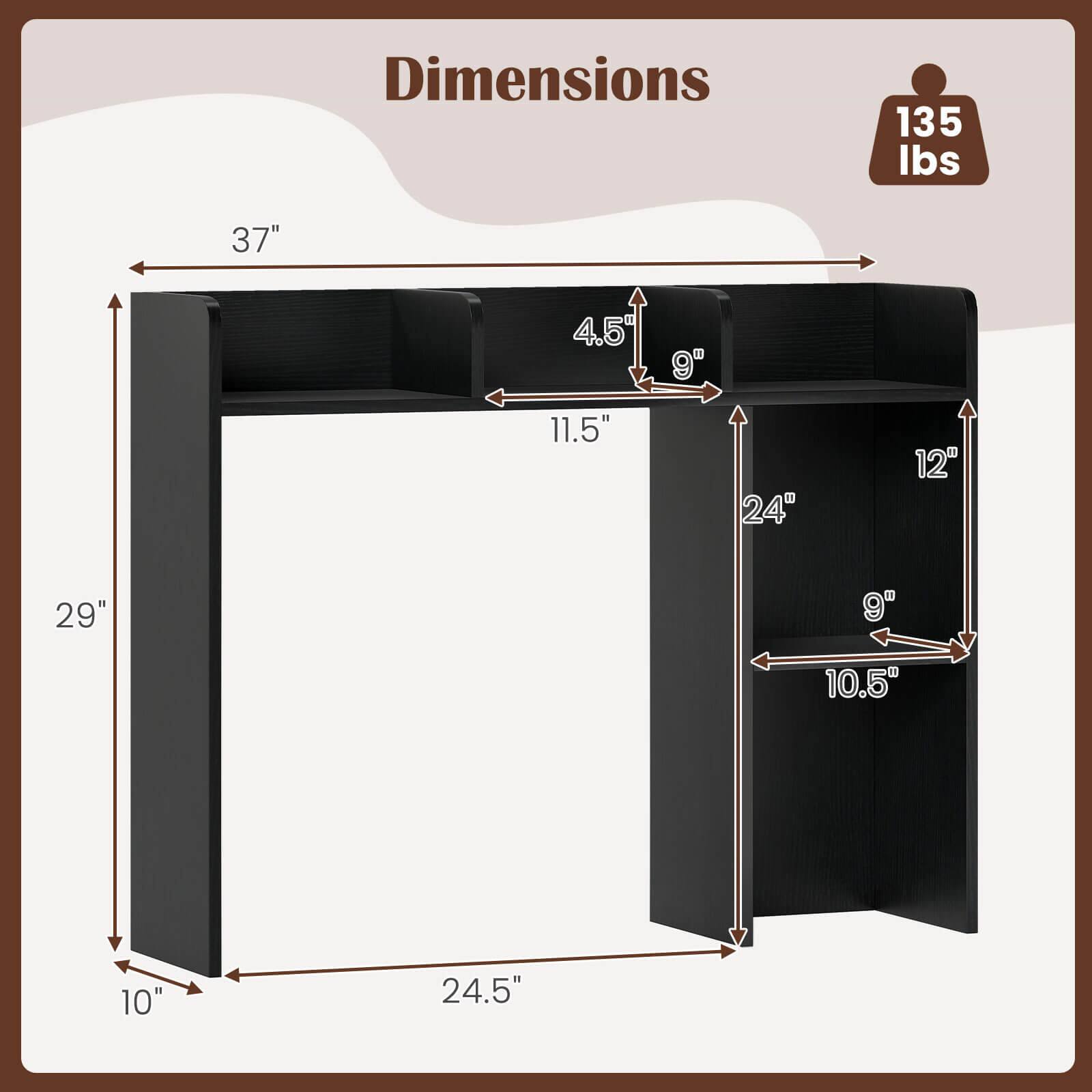 Dimensions: 135 lbs, 37", 4.5", 9", 11.5", 24", 12", 29", 9", 10.5", 10", 24.5"