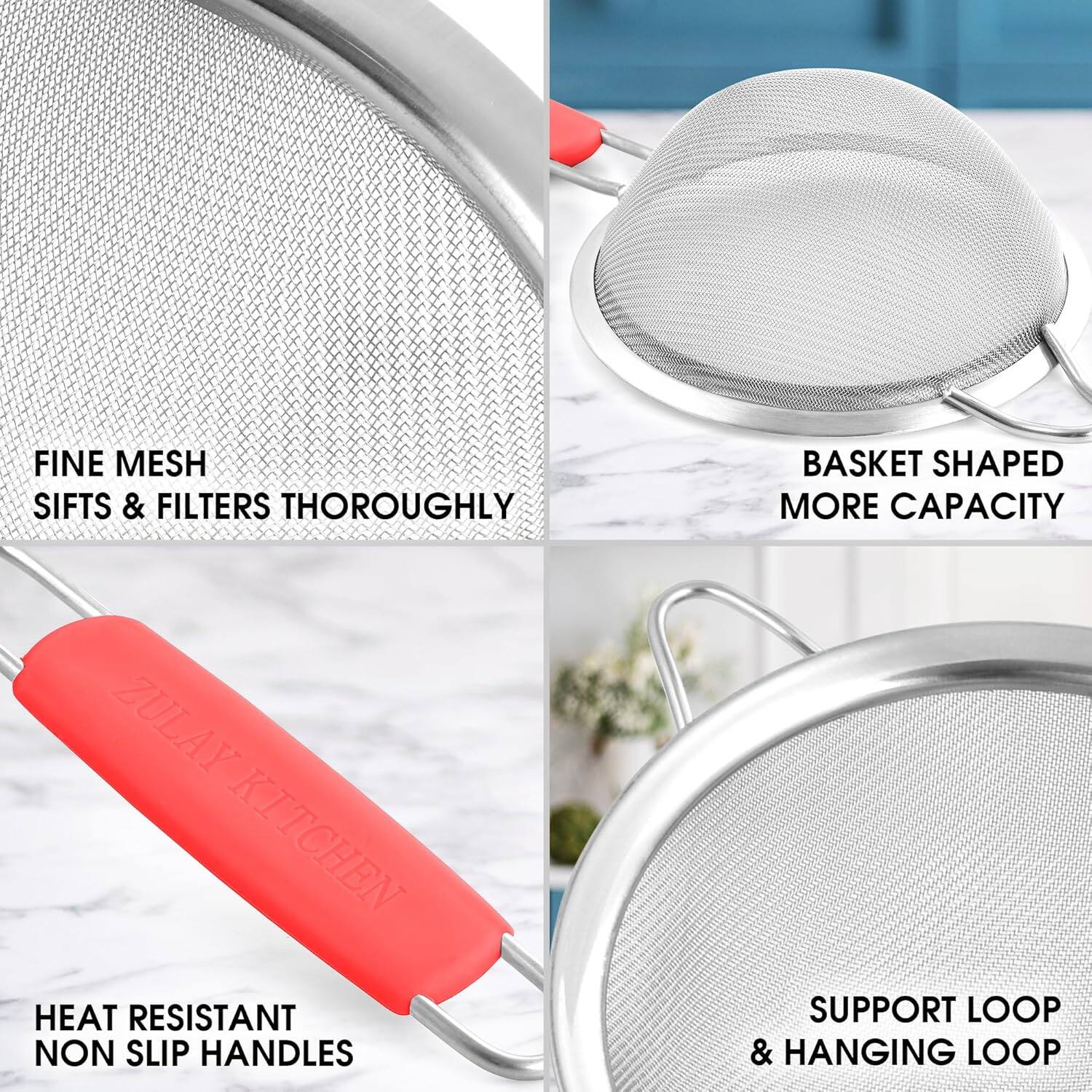 Zulay Kitchen - Premium Stainless Steel Fine Mesh Strainer Set - Strainers For Kitchen (Set of 3) with Non-Slip Handles - Red - Thumbnail 5