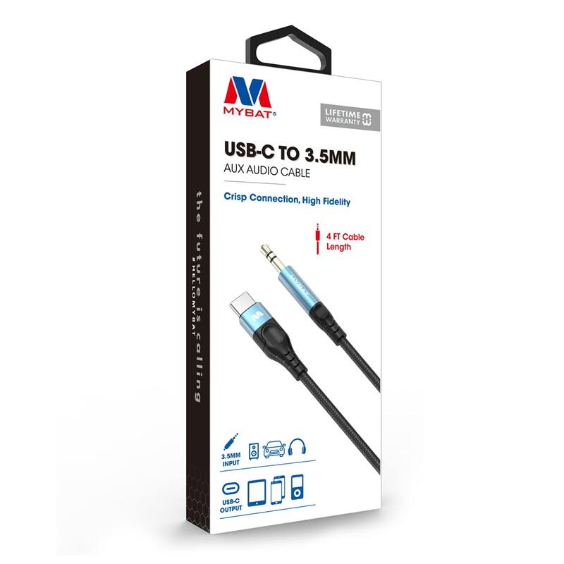 the future is calling MYBAT LIFETIME WARRANTY # USB-C TO 3.5MM AUX AUDIO CABLE Crisp Connection, High Fidelity 4 FT Cable Length 3.5MM INPUT . USB-C OUTPUT O