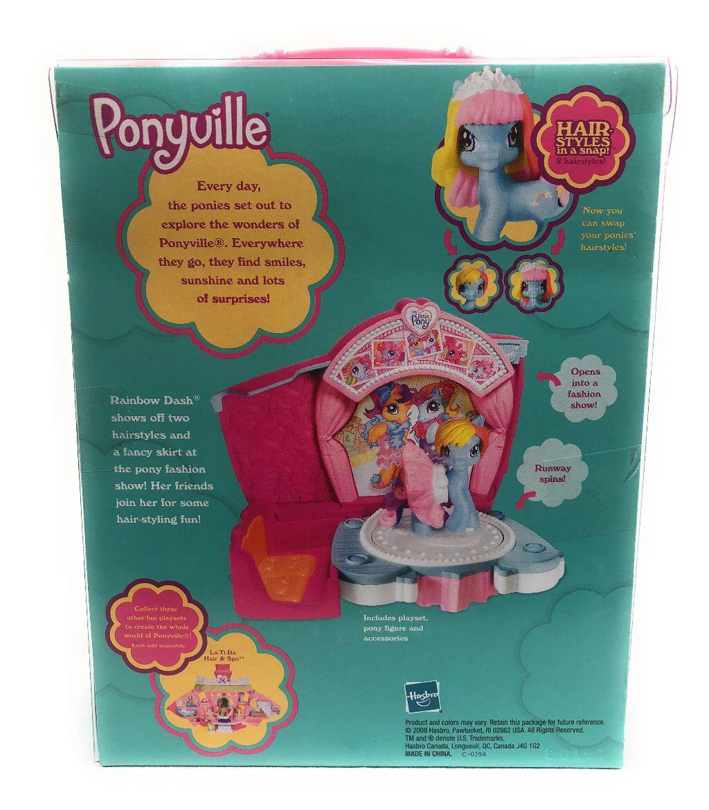 Ponyville

Every day, the ponies set out to explore the wonders of Ponyville®. Everywhere they go, they find smiles, sunshine and lots of surprises!

Rainbow Dash® shows off two hairstyles and a fancy skirt at the pony fashion show! Her friends join her for some hair-styling fun!

HAIR STYLES in a snap! 2 hairstyles! Now you can swap your ponies' hairstyles!

Opens into a fashion show! Runway spins!

Includes playset, pony figure and accessories

Collect it with other fun playsets to create the whole world of Ponyville!

© 2008 Hasbro, Pawtucket, RI 02861 USA. All Rights Reserved. TM and ® denote U.S. Trademarks. Hasbro Carteau Longueuil, QC Canada HG 102 MADE IN CHINA C-029A

Product and colors may vary. Retain this package for future reference.