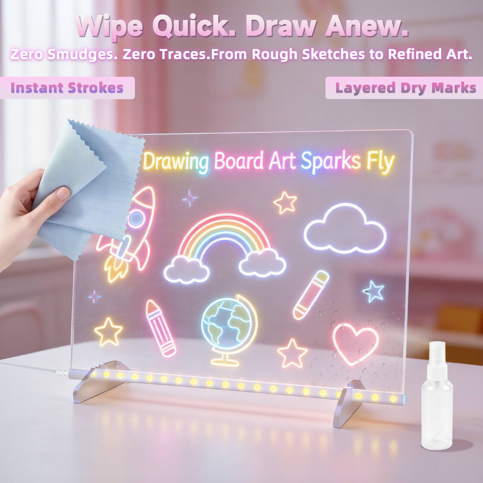 Wipe Quick. Draw Anew.  
Zero Smudges. Zero Traces. From Rough Sketches to Refined Art.  
Instant Strokes  
Layered Dry Marks  
Drawing Board Art Sparks Fly