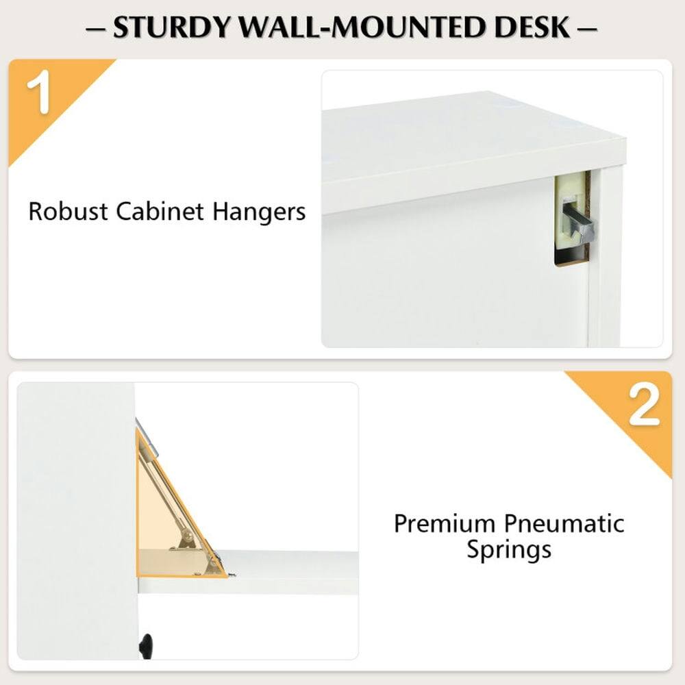 1. STURDY WALL-MOUNTED DESK
   - Robust Cabinet Hangers
2. Premium Pneumatic Springs