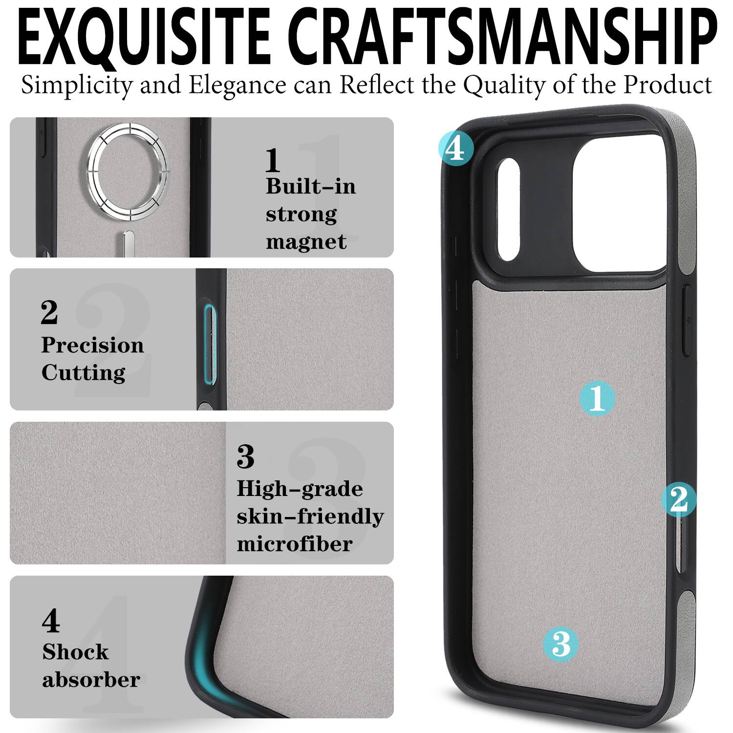 EXQUISITE CRAFTSMANSHIP  
Simplicity and Elegance can Reflect the Quality of the Product

1. Built-in strong magnet  
2. Precision Cutting  
3. High-grade skin-friendly microfiber  
4. Shock absorber