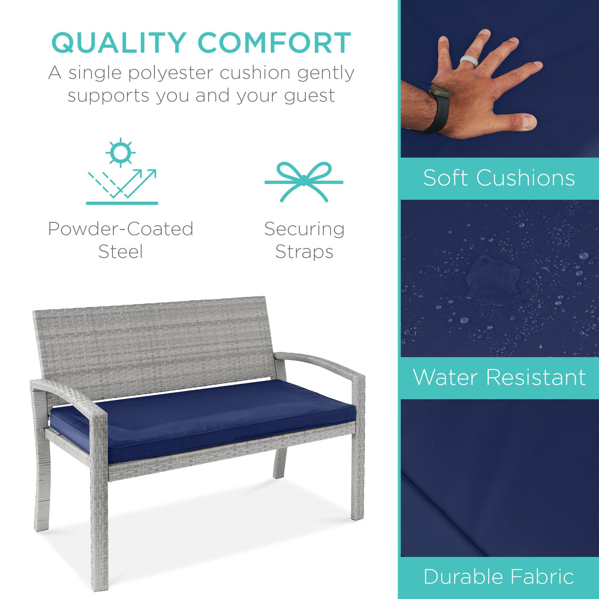 QUALITY COMFORT  
A single polyester cushion gently supports you and your guest  

Powder-Coated Steel  
Securing Straps  

Soft Cushions  
Water Resistant  
Durable Fabric