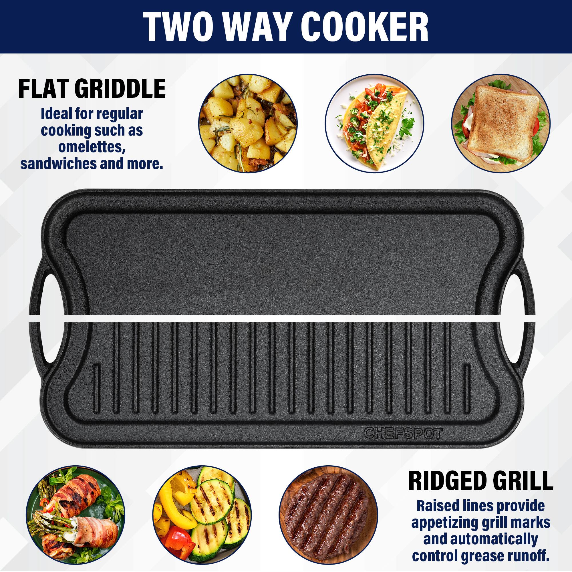 TWO WAY COOKER
FLAT GRIDDLE Ideal for regular cooking such as omelettes, sandwiches and more.
CHEFSPOT RIDGED GRILL Raised lines provide appetizing grill marks and automatically control grease runoff.