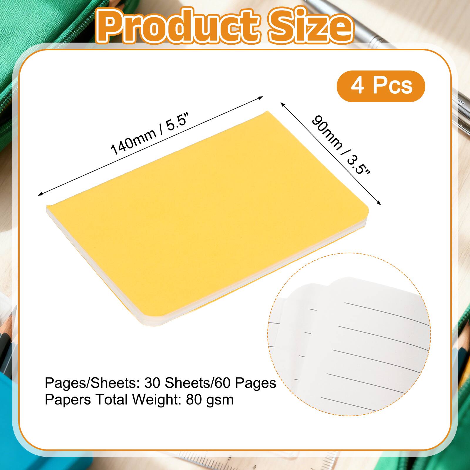 Product Size: 5.5" 140mm x 90mm/3.5"  
4 Pcs  
Pages/Sheets: 30 Sheets/60 Pages  
Papers Total Weight: 80 gsm
