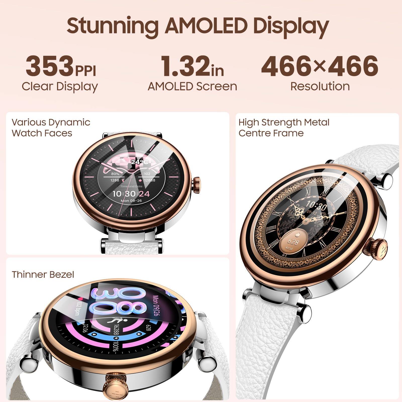 Stunning AMOLED Display  
353 PPI  
1.32in  
466x466  
Clear Display  
AMOLED Screen  
Resolution  
Various Dynamic Watch Faces  
High Strength Metal Centre Frame  
Thinner Bezel
