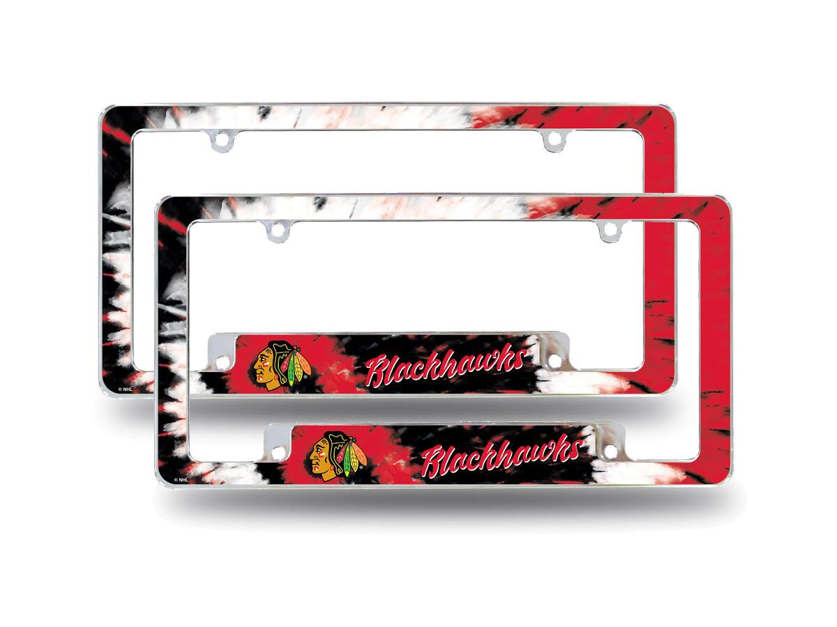 Chicago Blackhawks Chrome Metal (Set of 2) License Plate Frames with Bold Tie Dye Design