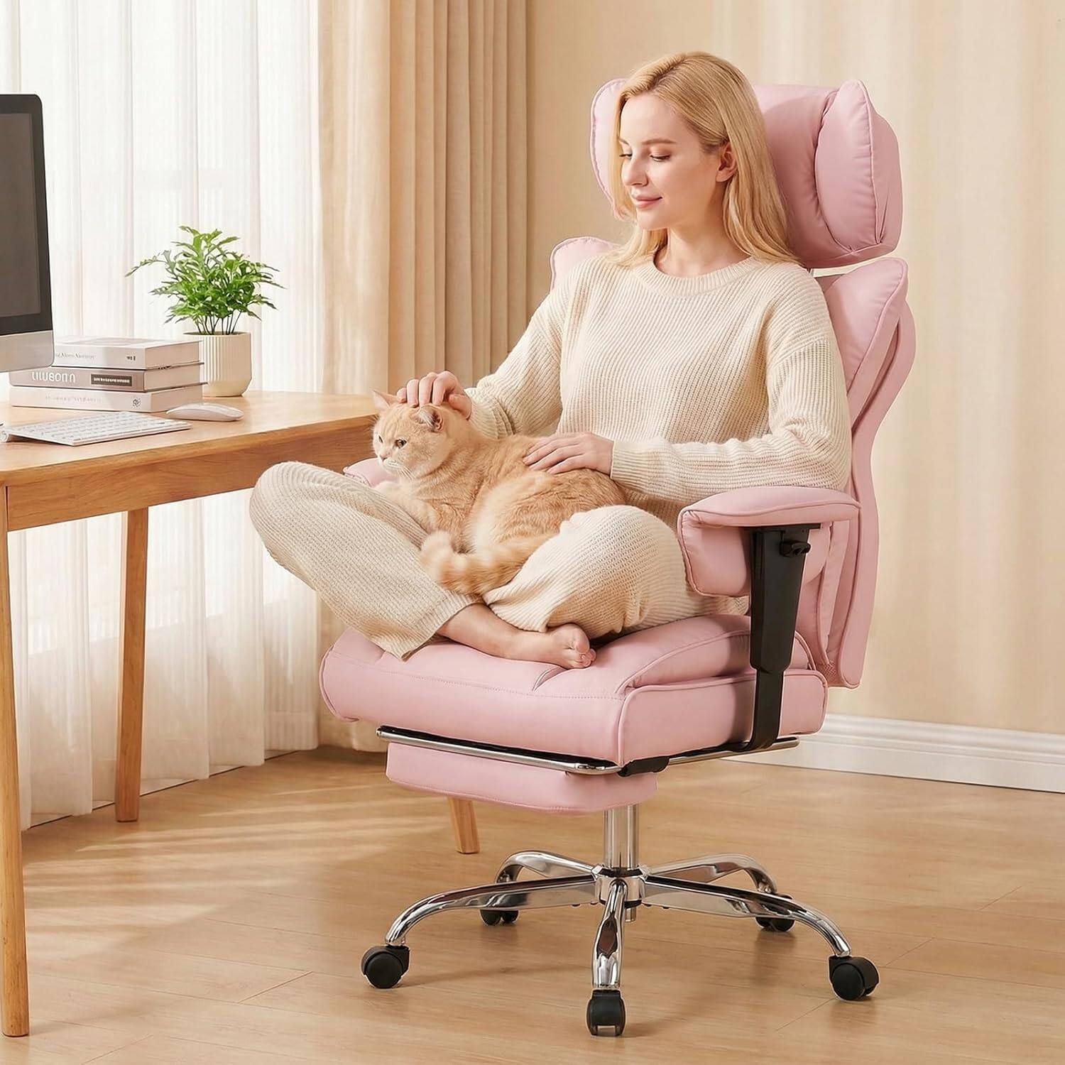 Left. Sweet - High Back Executive Office Chair with Footrest and Adjustable Armrests , Big and Tall PU Leather Gaming Chair, Pink - Pink.