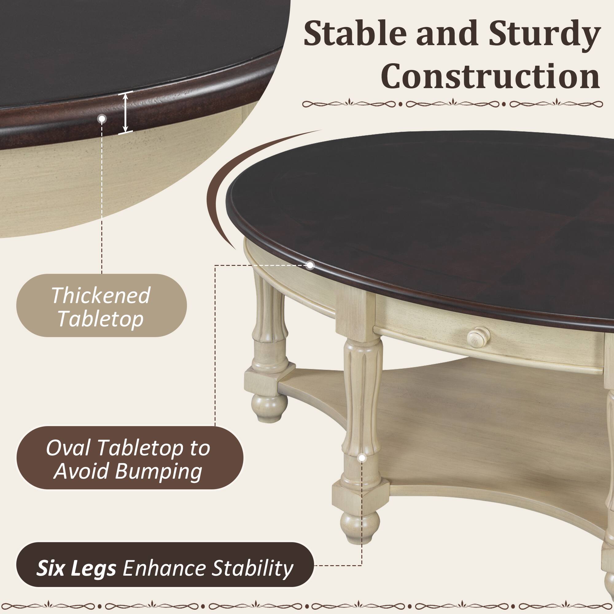 Stable and Sturdy Construction

- Thickened Tabletop
- Oval Tabletop to Avoid Bumping
- Six Legs Enhance Stability