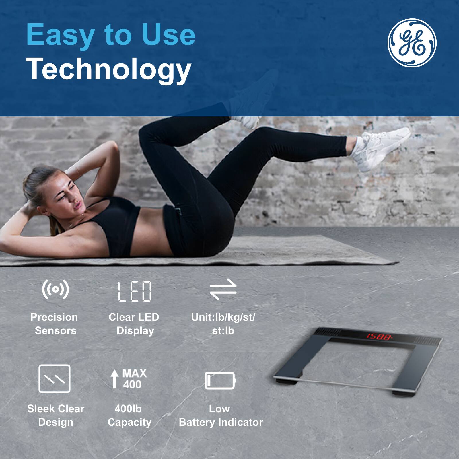 Easy to Use Technology

- Precision Sensors
- Clear LED Display
- Sleek Clear Design
- MAX 400lb Capacity
- Low Battery Indicator
- Unit: lb/kg/st/lb
- 400lb Capacity