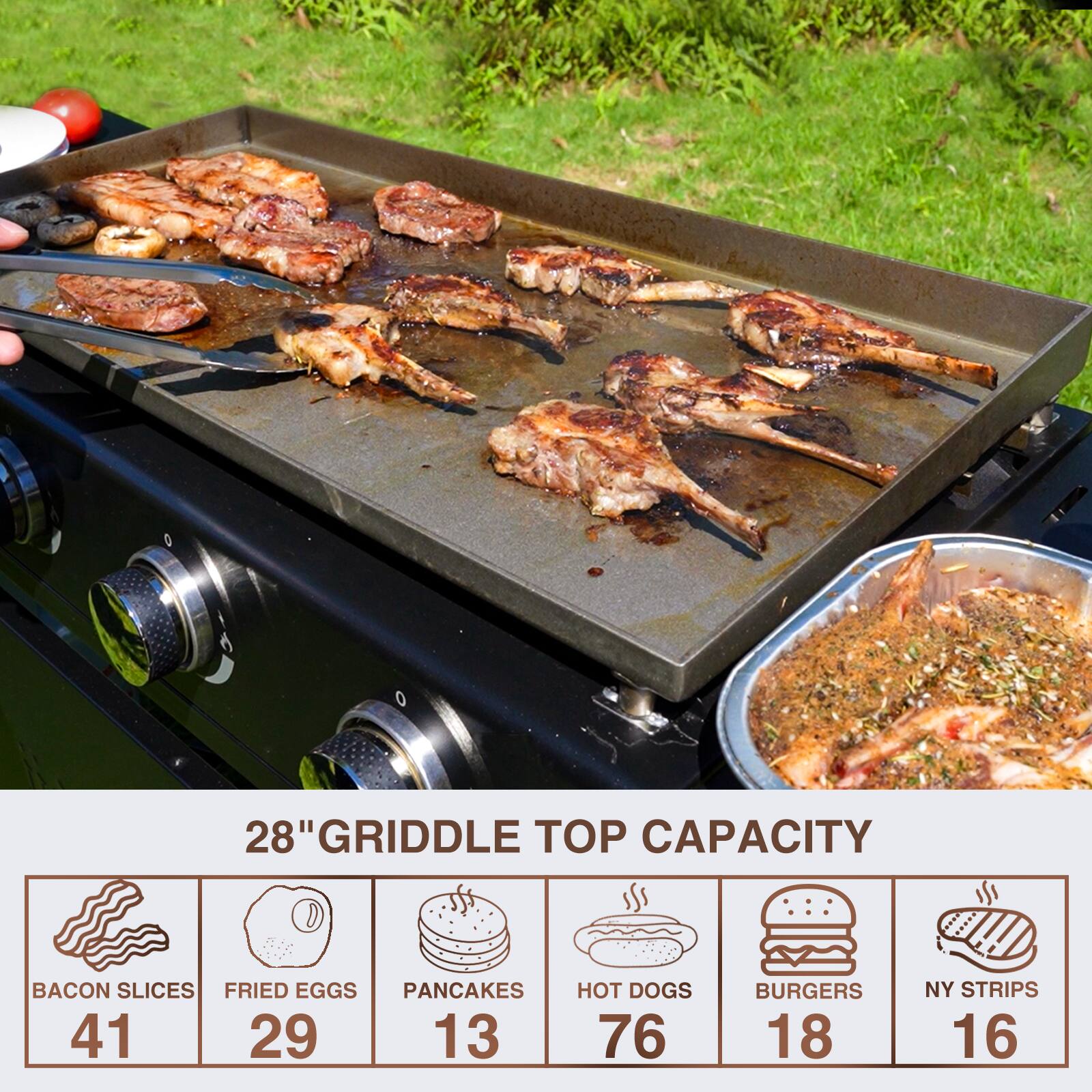 28" GRIDDLE TOP CAPACITY

- BACON SLICES: 41
- FRIED EGGS: 29
- PANCAKES: 13
- HOT DOGS: 76
- BURGERS: 18
- NY STRIPS: 16