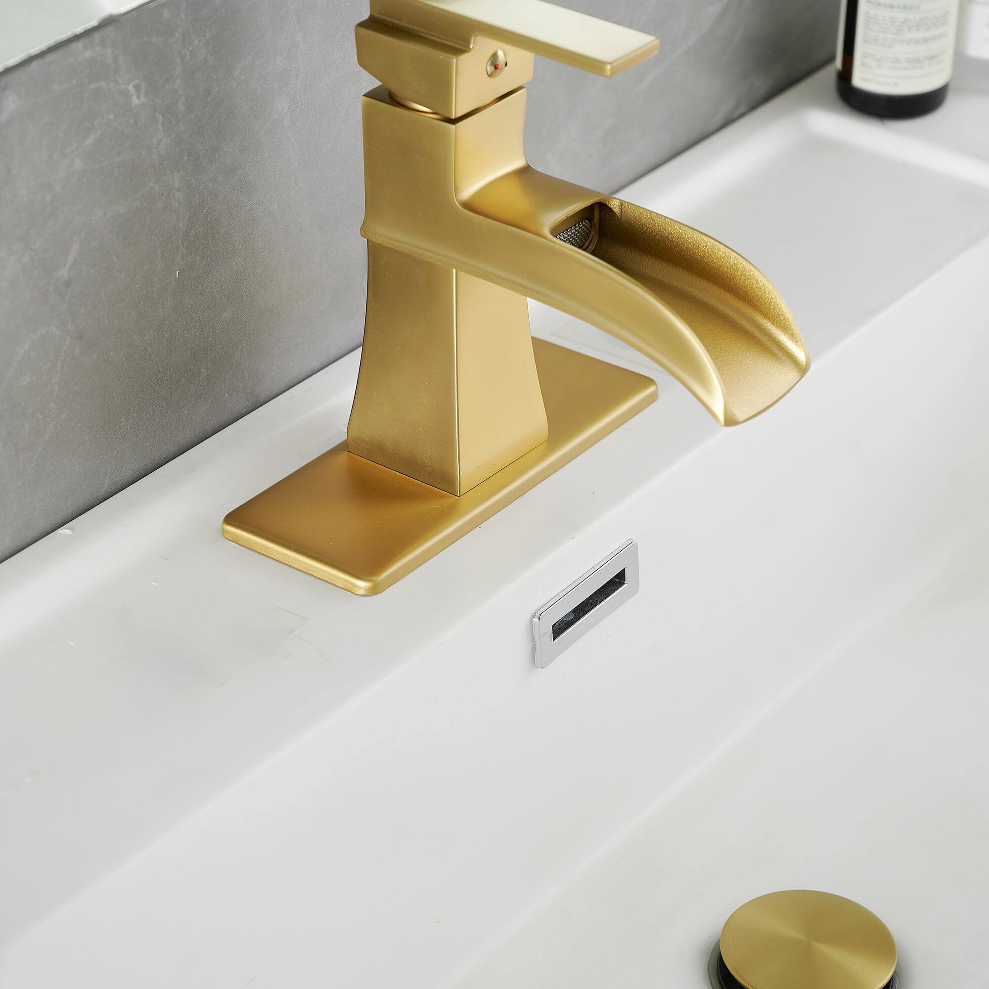 Left. Boyel Living - Single Handle Single Hole Bathroom Faucet Brushed Gold with Deck Plate Pop Up Drain and Water Supply Hoses - Brushed Gold.