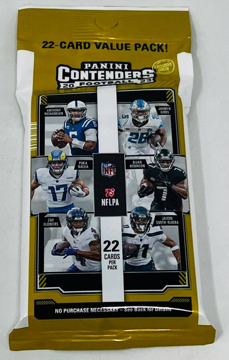 22-Card Value Pack!  
Panini Exclusive Green Contenders 23 20 Football  
Anthony Richardson  
5  
Jahmyr Gibbs 26 2 26  
Puka Nacua 17  
NFL NFLPA  
Bijan Robinson  
Zay Flowers  
Jaxon Smith-Njigba  
22 Cards Per Pack  
No Purchase Necessary - See Back for Details