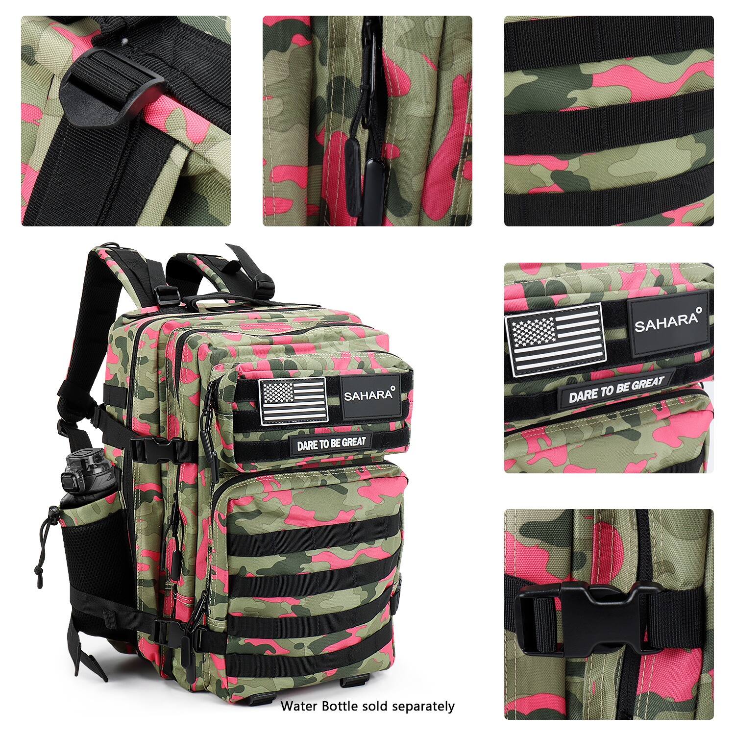 The image features a pink and green camouflage backpack with a water bottle attached. The backpack is designed by Sahara and has a patriotic theme. The water bottle is sold separately and is not included in the backpack.