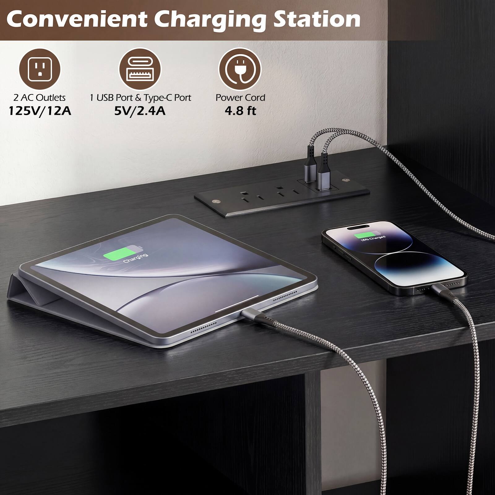 Convenient Charging Station  
2 AC Outlets 125V/12A  
1 USB Port & Type-C Port 5V/2.4A  
Power Cord 4.8 ft