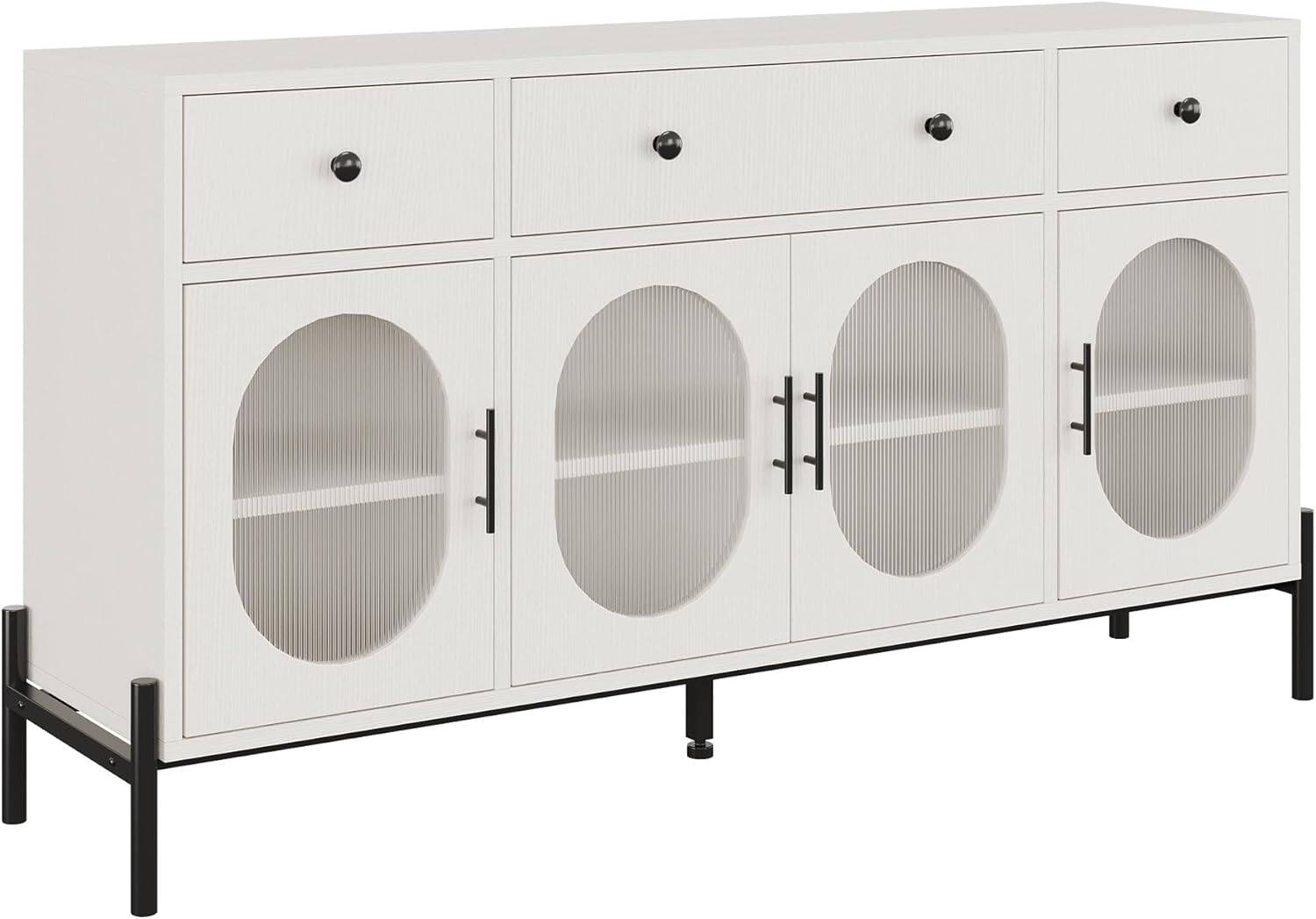 Angle. Homhougo - 62" Modern Sideboard Cabinet, 3 Drawers, 3 Glass Doors, Anti-Tip Safety Feature - White.