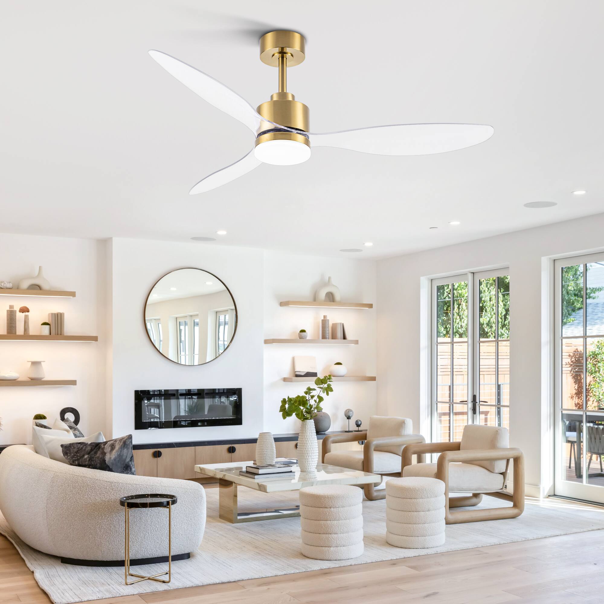 Alt View 6. Breezary - 52" Indoor Ceiling Fan, 3 ABS Blades, 6-Speed DC Motor, Remote Control, Memory/Timer, 3-Color LED Light, 5"/10" Downrods - Gold with Clear.