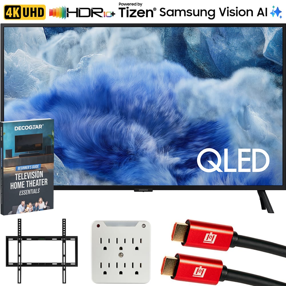 4K UHD  
HDR10+  
Powered by Tizen  
Samsung Vision AI  

QLED  

DECOCGEAR  
BEGINNER'S GUIDE  
TELEVISION HOME THEATER ESSENTIALS  

101