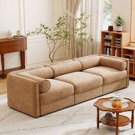 Anysun - Chenille 3-Seater Sofa with Hidden Storage - Cylindrical Backrest & Armrests, Contemporary Design. - Camel