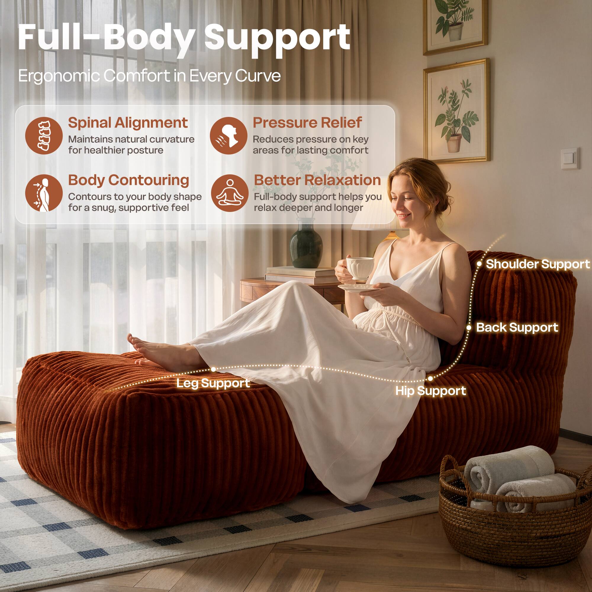 Full-Body Support  
Ergonomic Comfort in Every Curve

- Spinal Alignment  
  Maintains natural curvature for healthier posture

- Pressure Relief  
  Reduces pressure on key areas for lasting comfort

- Body Contouring  
  Contours to your body shape for a snug, supportive feel

- Better Relaxation  
  Full-body support helps you relax deeper and longer

- Shoulder Support

- Back Support

- Leg Support

- Hip Support