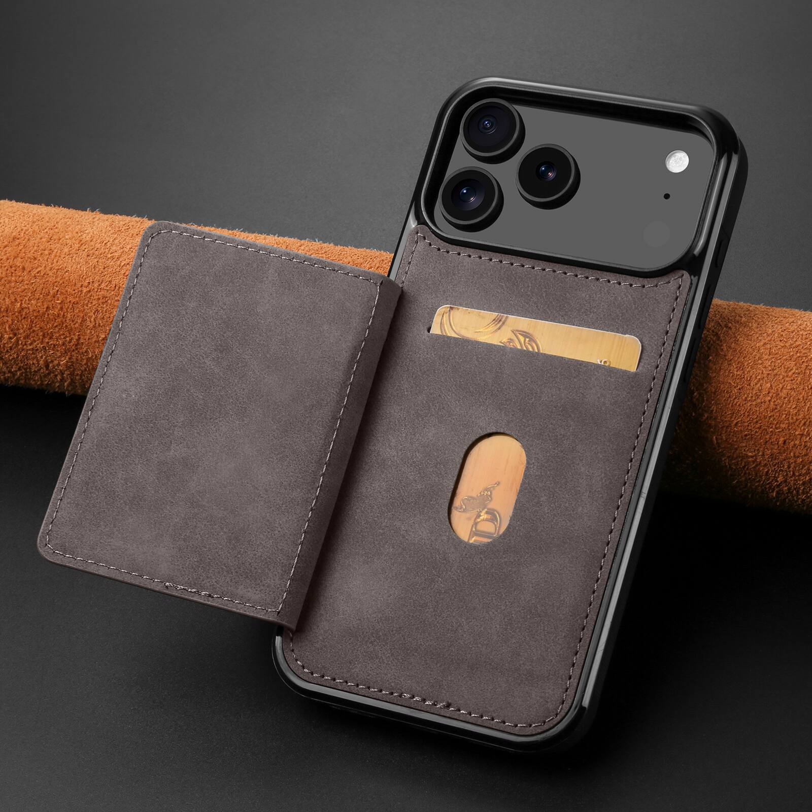 Angle. Dteck - Dteck RFID Blocking Back Wallet Case for iPhone 17 Pro, Shockproof PU Leather Kickstand Rugged Cover - Gray.