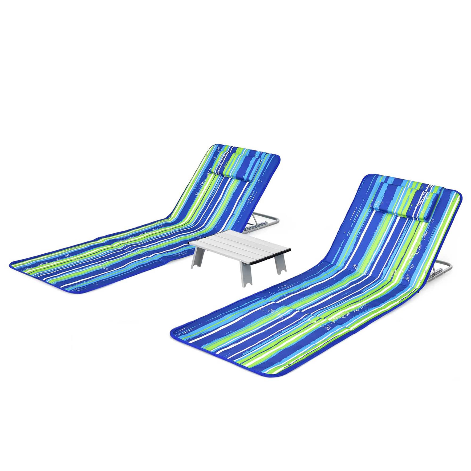 Gymax - 3PCS Folding Beach Mat Set Adjustable Beach Lounge Chair & Side Table Set - Stripe