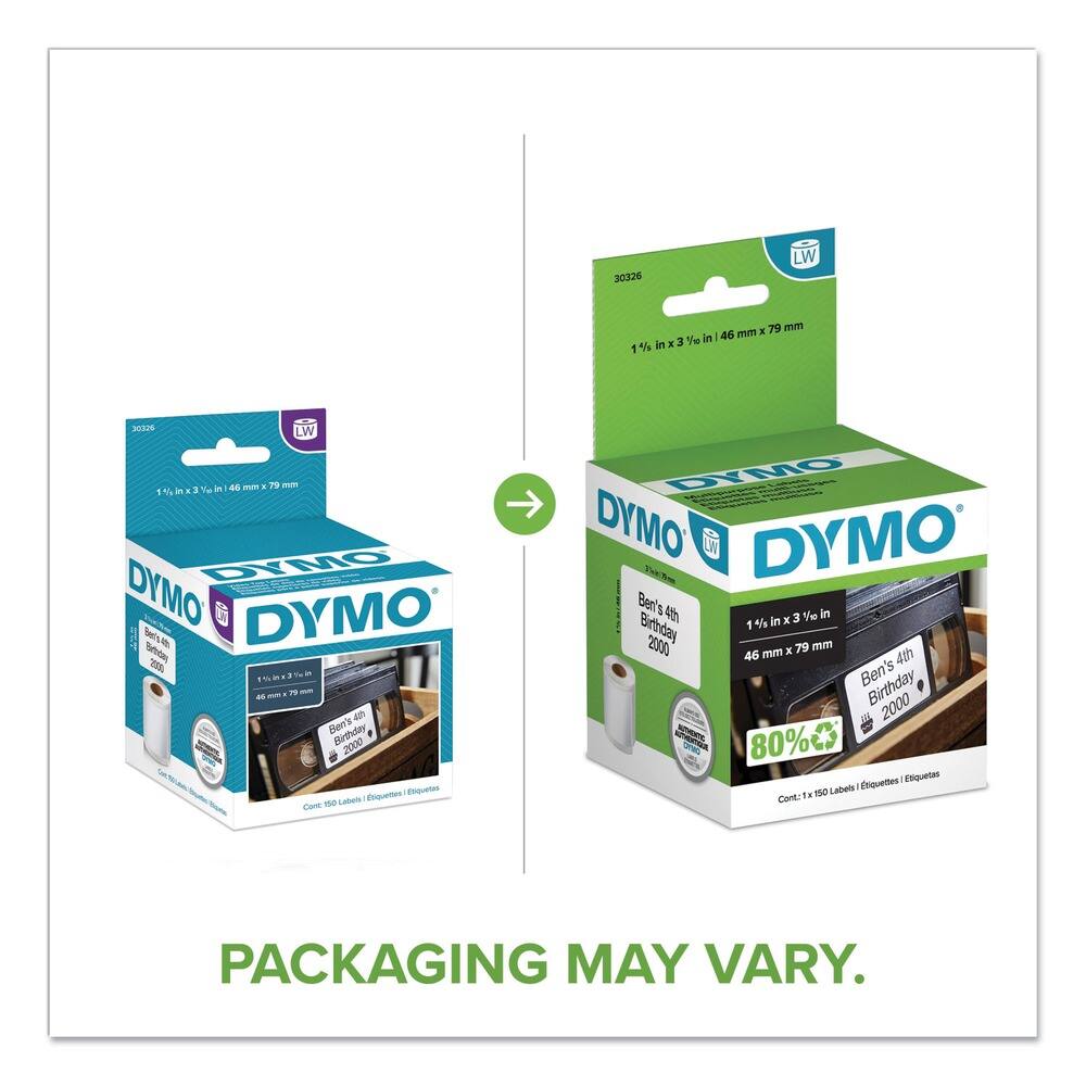 30326 LW  
1 1/4 in x 3 3/8 in | 46 mm x 79 mm  

DYMO  
Ben's 4th Birthday 2000  

PACKAGING MAY VARY.  

1 1/4 in x 3 3/8 in | 46 mm x 79 mm  
80% Recycled  

Cont. 1 x 150 Labels | Étiquettes | Etiquetas