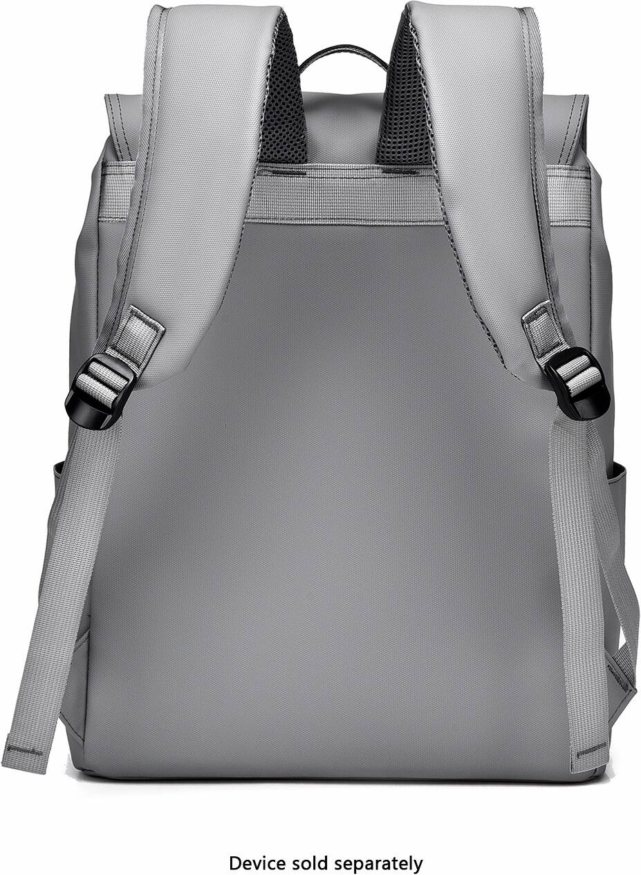 The backpack is white and gray in color.
