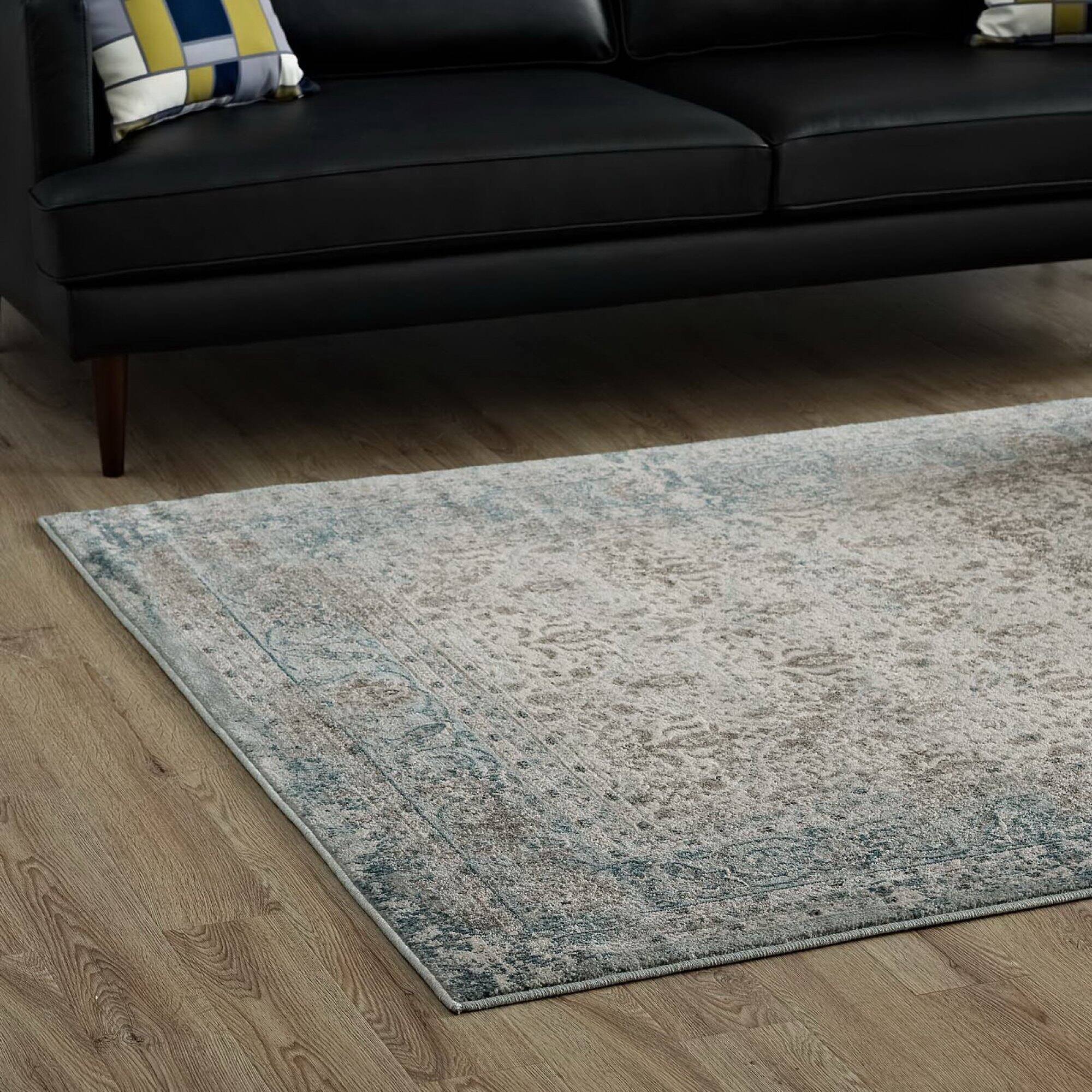 Back. Modway - Dilys Distressed Vintage Floral Lattice Area Rug - Teal Brown and Beige.