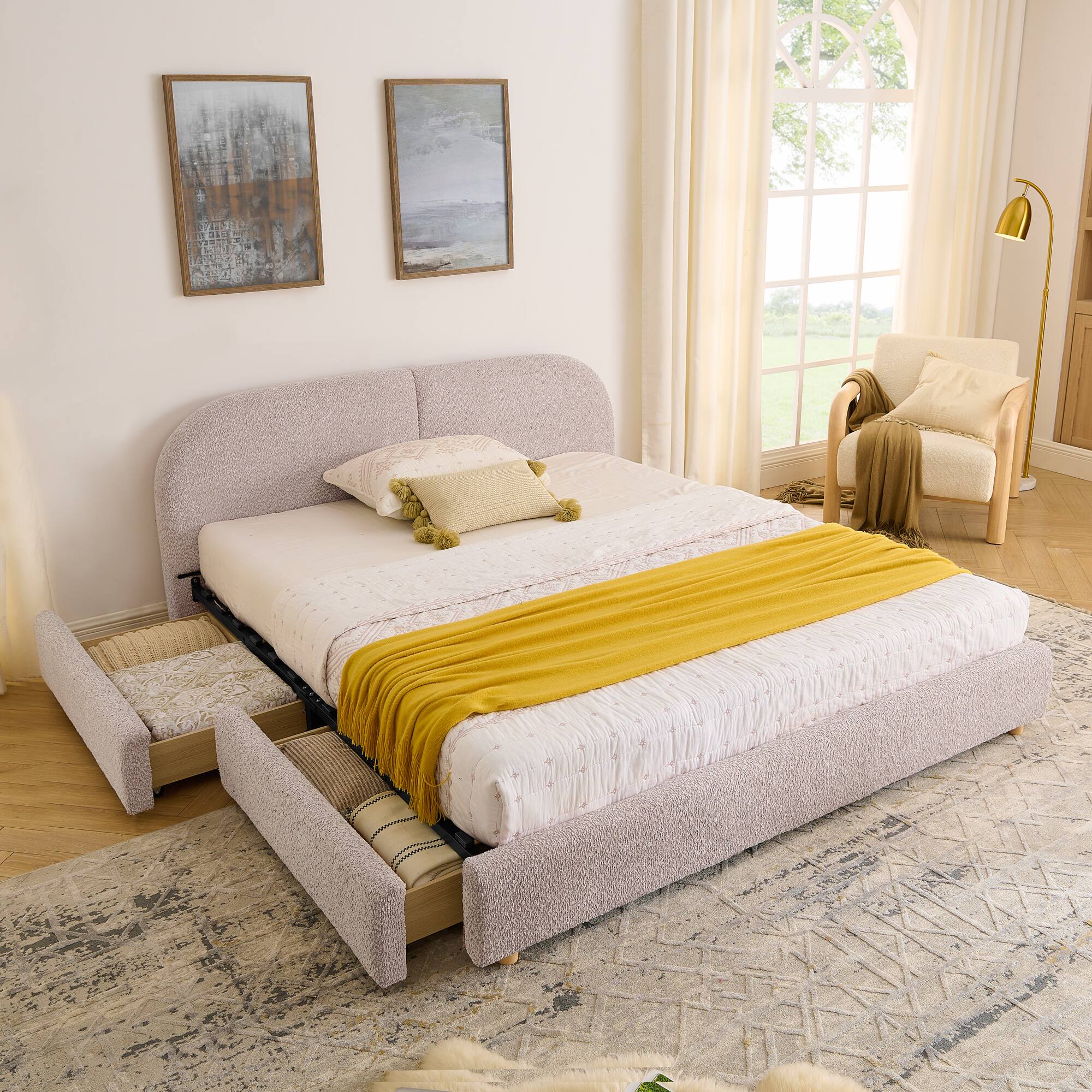Angle. Anysun - Queen Minimalist Upholstered Bed Frame - Circle Yarn Fabric, Curved Headboard, Wheeled Drawer Storage - Pink.