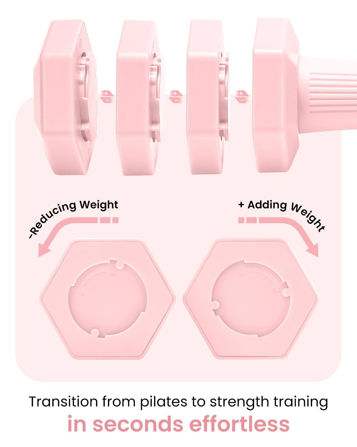 Transition from pilates to strength training in seconds effortless

-Reducing Weight

+ Adding Weight