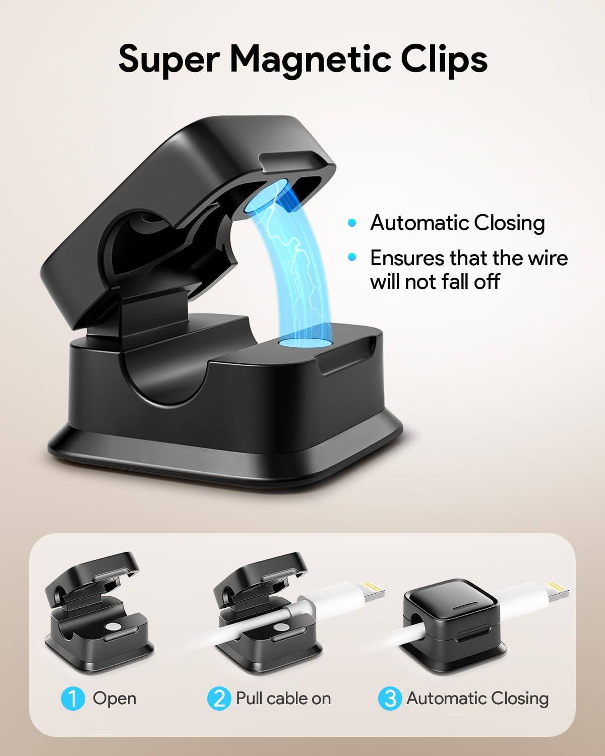 Super Magnetic Clips

- Automatic Closing
- Ensures that the wire will not fall off

1. Open
2. Pull cable on
3. Automatic Closing