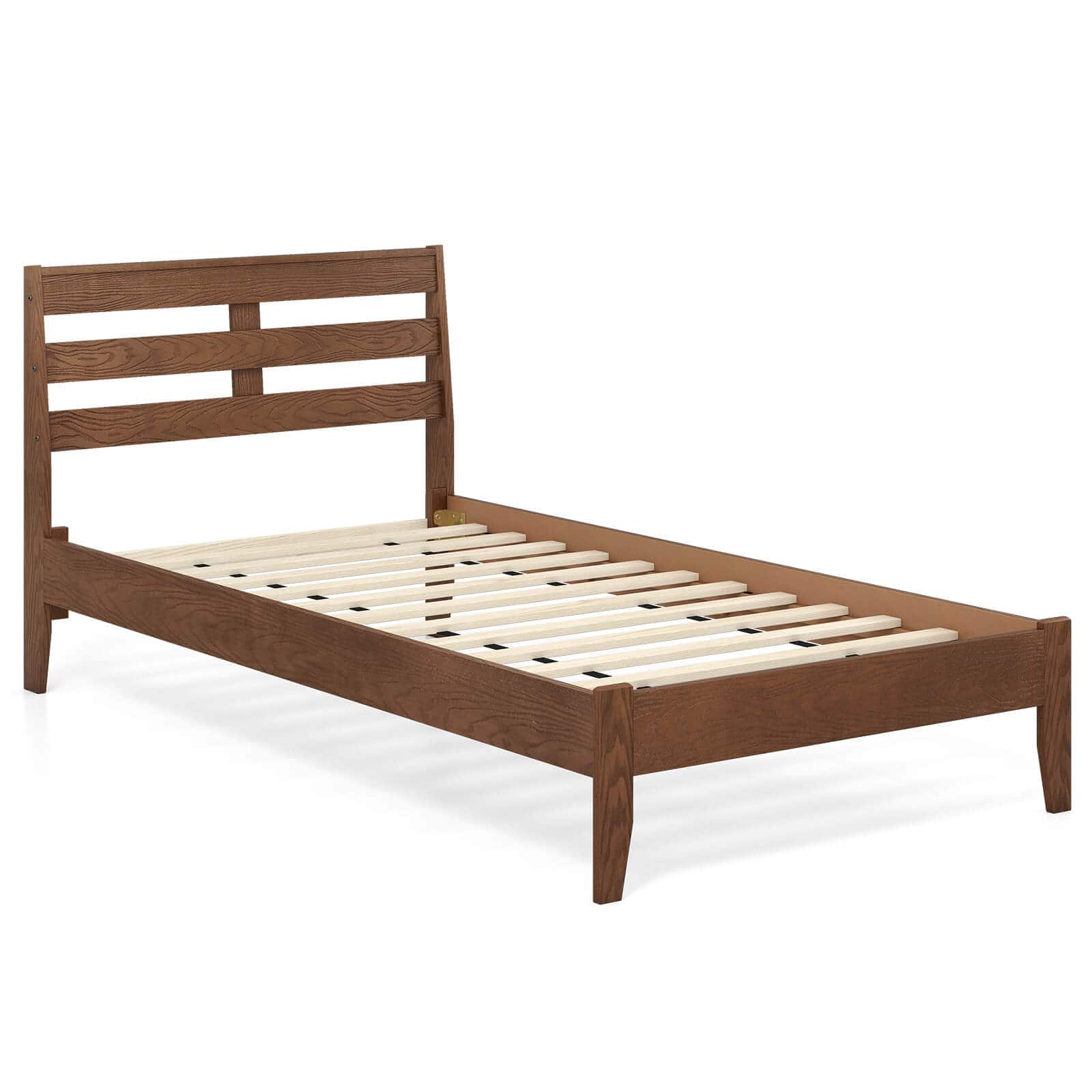 Costway - Twin Size Wood Bed Frame with Slat Headboard Under-Bed Storage Space Caramel - Brown