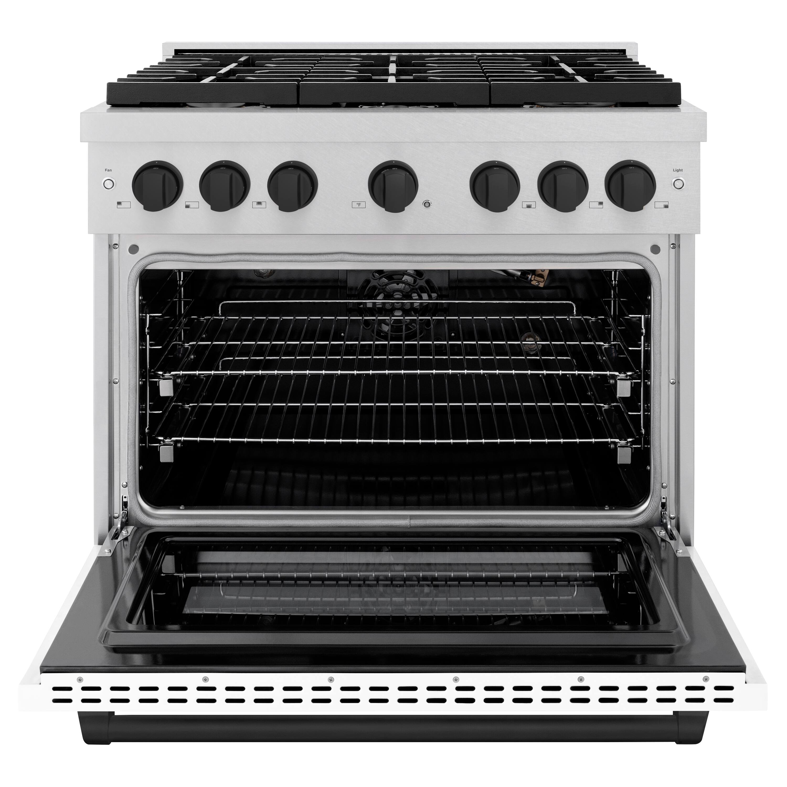 Angle. ZLINE - ZLINE Autograph 36 in. Paramount Satin Steel Gas Range with Black Accents (SGRSZ-WM-36-MB) - White.