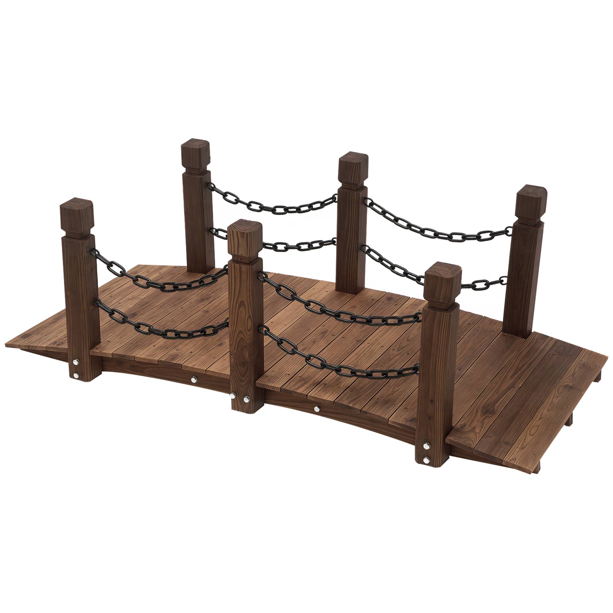 Front. Outsunny - 5 ft Wooden Garden Bridge Arc Footbridge with Metal Chain Railings & Solid Fir Construction - Carbonized.