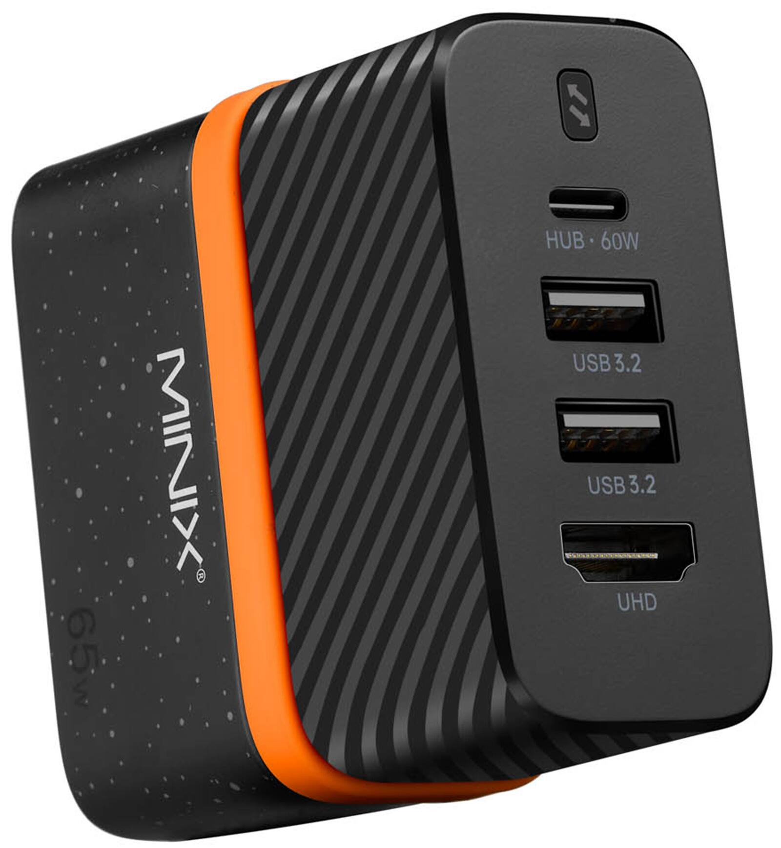 The text on the image reads: "65W MINIX 60W USB 3.2 USB 3.2 UHD."