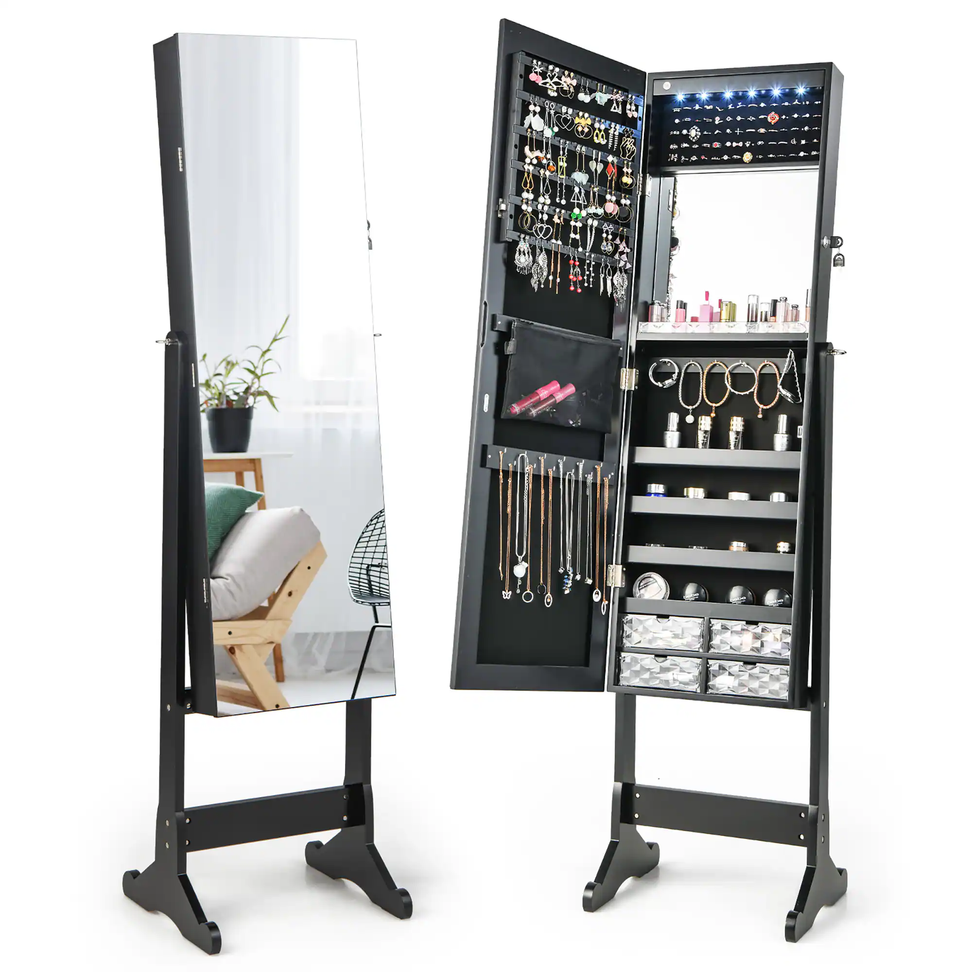 Front. Costway - Costway Jewelry Cabinet Armoire Full Length Frameless Mirror Lockable with  Lights - Black.