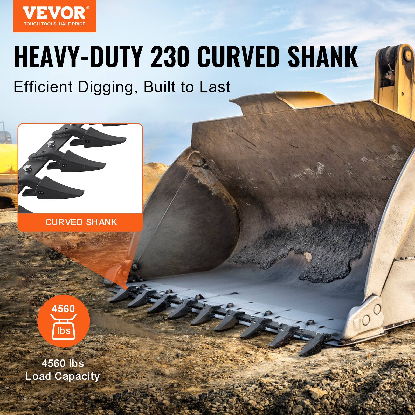 VEVOR  
TOUGH TOOLS, HALF PRICE  

HEAVY-DUTY 230 CURVED SHANK  
Efficient Digging, Built to Last  

CURVED SHANK  

4560 lbs  
Load Capacity