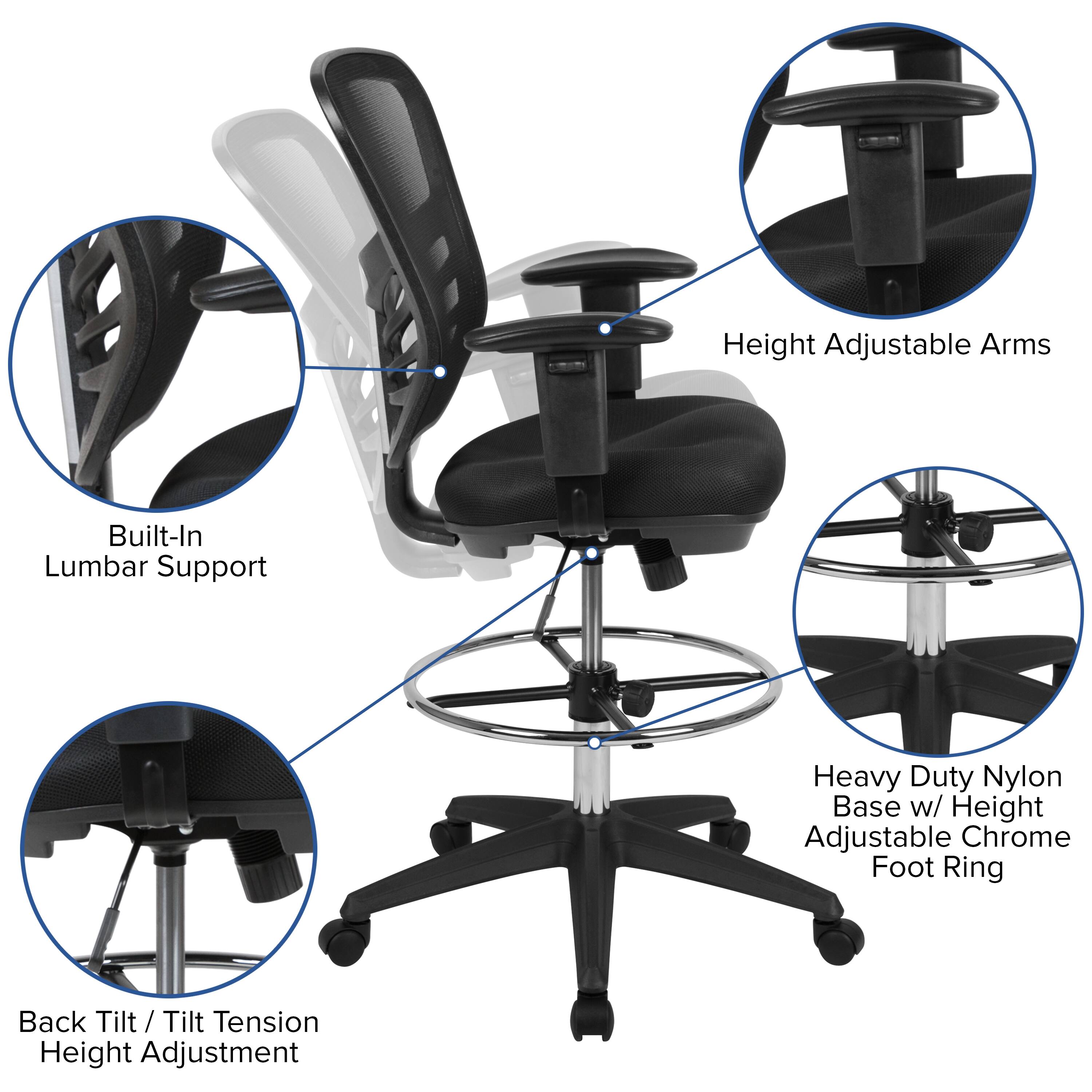 Height Adjustable Arms  
Built-In Lumbar Support  
Heavy Duty Nylon Base w/ Height Adjustable Chrome Foot Ring  
Back Tilt / Tilt / Tension Height Adjustment