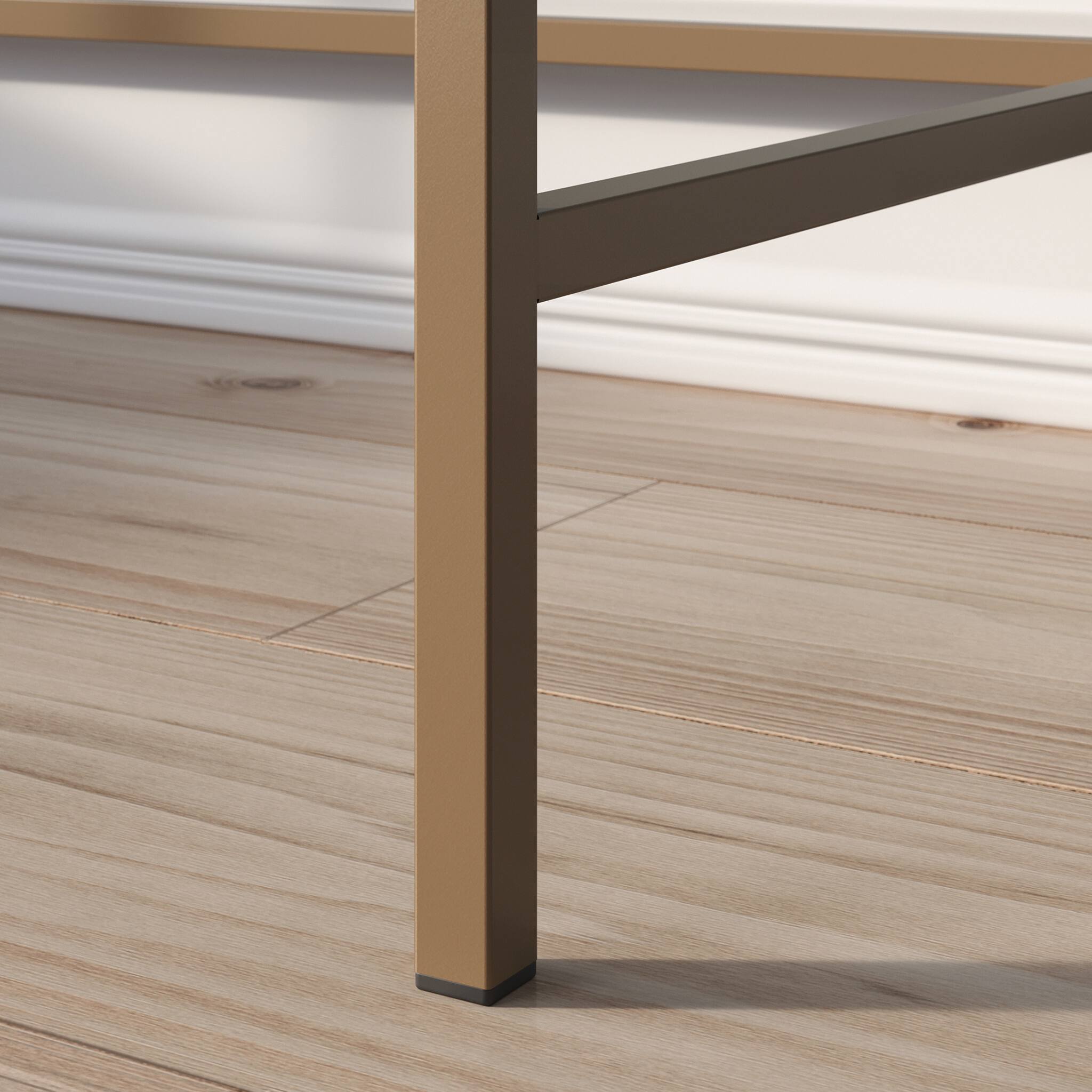 Back. Spaco - Ornate Writing Desk, Satin Gold Frame, Glass Display Shelf, Compact Office - Brown.