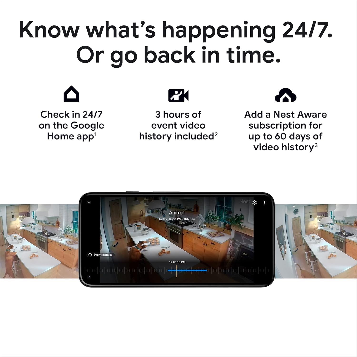 Know what's happening 24/7. Or go back in time.

- Check in 24/7 on the Google Home app¹
- 3 hours of event video history included²
- Add a Nest Aware subscription for up to 60 days of video history³

Nest I Animal Today. S2.00 PM Kitchen details 12:00 PM