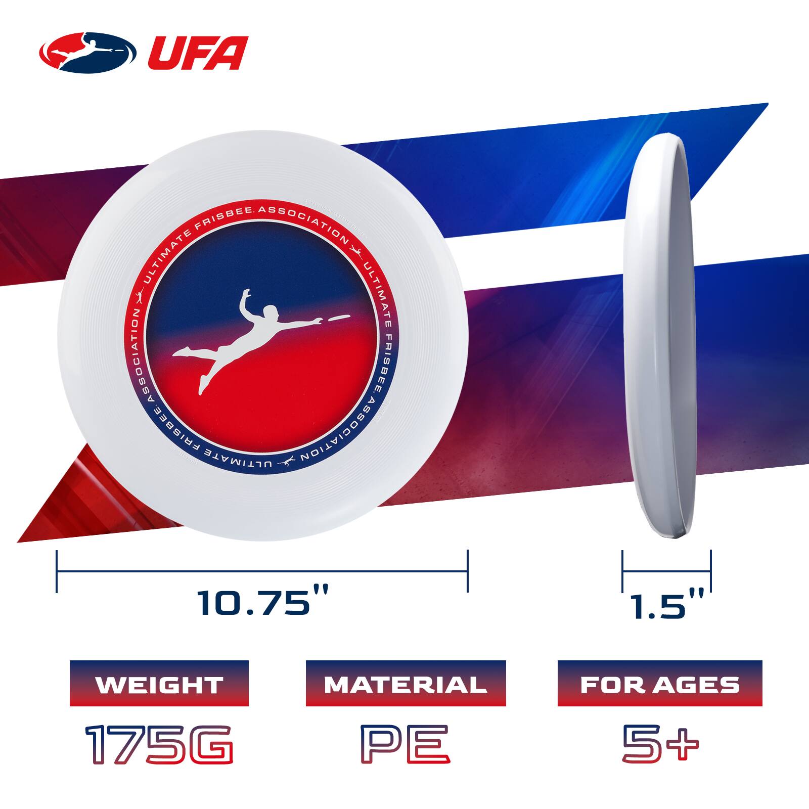 UFA FRISBEE ASSOCIATION ULTIMATE FRISBEE ASSOCIATION ULTIMATE 10.75" 1.5" WEIGHT MATERIAL FOR AGES 175G PE 5+