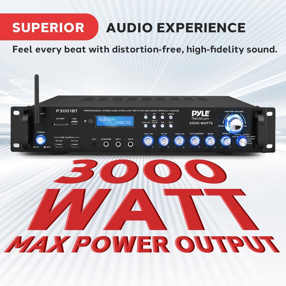SUPERIOR AUDIO EXPERIENCE  
Feel every beat with distortion-free, high-fidelity sound.

P3001BT  
PROFESSIONAL STEREO AMPLIFIER  
W/MP3/EM/AM TUNER  
BLUETOOTH CONNECTED

PYLE  
PyleUSA.com  
3000 WATTS

3000 WATT MAX POWER OUTPUT