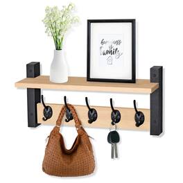 Sorbus - Coat Hooks Wall Mount with Shelf, 16 Inch Coat Rack Wall Mount with 5 Heavy Duty Hooks, Floating Wall Shelf - Maple